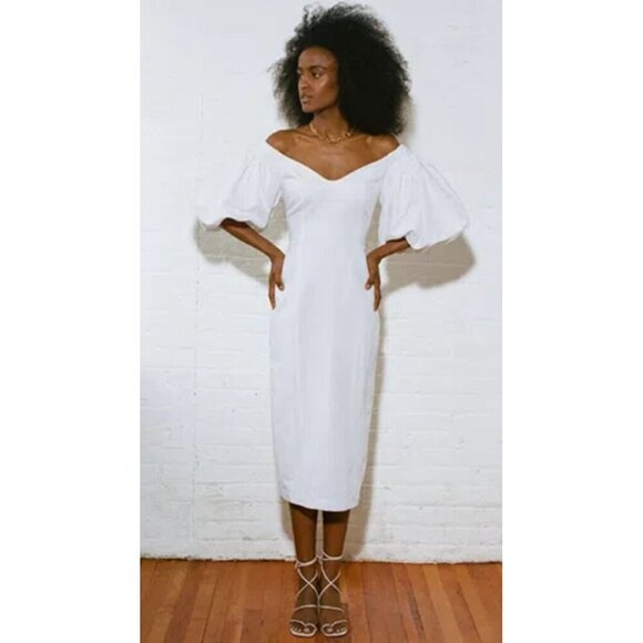 Mara Hoffman Namari Linen Puff Sleeve Midi Dress White Womens Size 2 - Picture 1 of 11